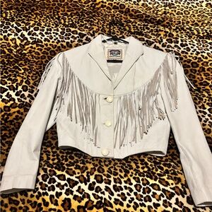 Vintage Cropped White Leather Fringe Jacket - Western Style